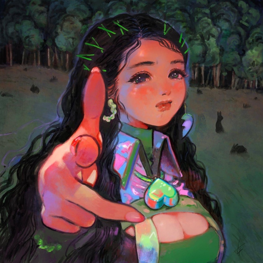 black_hair breasts cleavage cleavage_cutout clothing_cutout earrings female foreshortening forest green_eyes hair_ornament hairpin heart heart_earrings highres iridescent jewelry little_thunder long_hair looking_to_the_side nail_art nail_polish nature original outdoors parted_bangs pink_nails pointing pointing_at_viewer rabbit solo tree upper_body wavy_hair