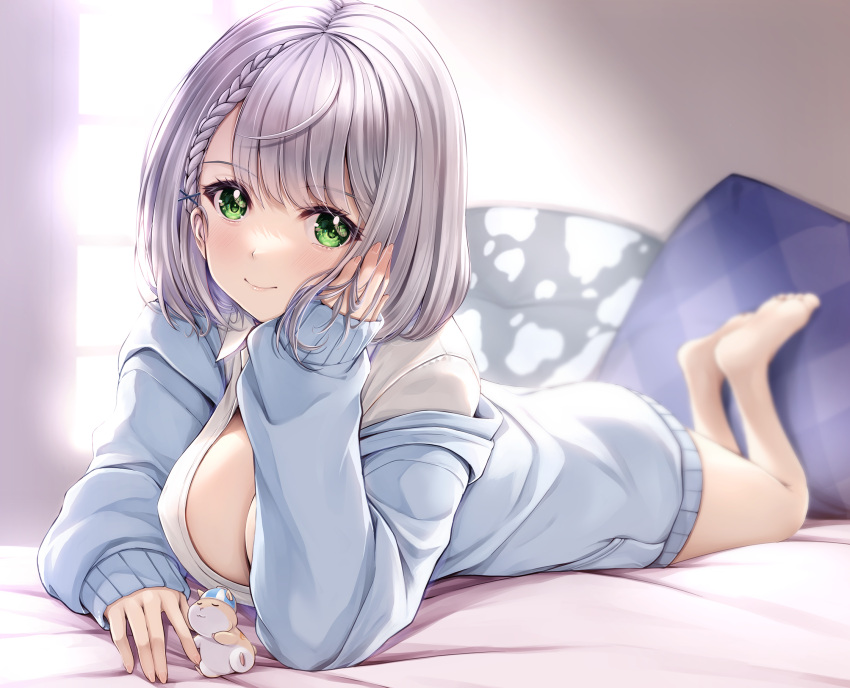 ahoge barefoot bed_sheet blue_cardigan blurry blurry_background breasts cardigan cleavage closed_mouth dan'in-san_(shirogane_noel) depth_of_field feet feet_up female foreshortening full_body green_eyes grey_hair hair_ornament hand_in_own_hair hand_on_own_cheek hand_on_own_face head_rest highres hololive indoors kamishiro_mai_(capti-no) large_breasts legs looking_at_viewer lying medium_hair official_alternate_costume on_stomach open_cardigan open_clothes pillow shirogane_noel shirogane_noel_(school_uniform) shirt sleeves_past_wrists smile soles solo the_pose toes virtual_youtuber white_shirt x_hair_ornament