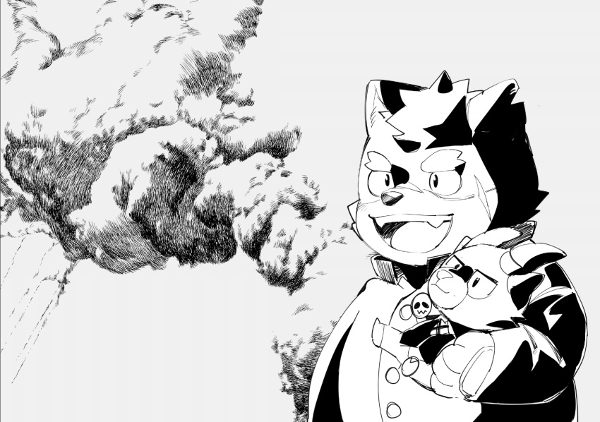 anthro bovid canid canine canis caprine clothing digital_drawing_(artwork) digital_media_(artwork) domestic_dog duo explosion goat hi_res lifewonders male mammal masshiro monochrome moritaka_(tas) plushie salomonkun simple_background smile suit tokyo_afterschool_summoners