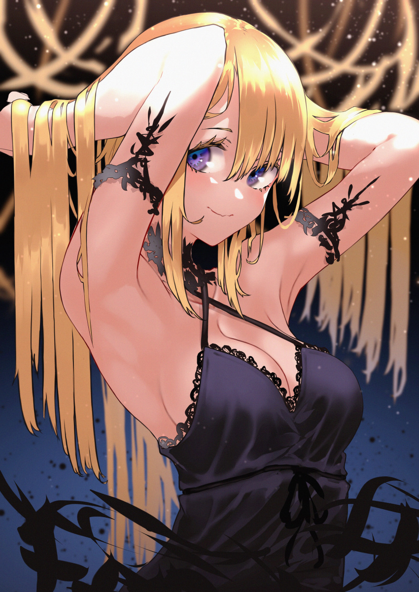 absurdres armband armpits arms_up black_dress blonde_hair blue_eyes blush breasts cleavage criss-cross_halter dress female halterneck hands_in_hair highres kesuno large_breasts light_particles long_hair looking_at_viewer original smile solo upper_body