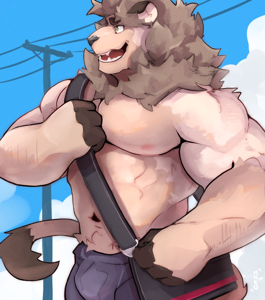 2021 abs anthro bag big_muscles bottomwear clothed clothing cloud day felid fur gym_bag hi_res lion mako_(makowolf1) makowolf1 male mammal mane muscular muscular_anthro muscular_male navel nipples open_mouth open_smile outside pantherine pants pecs power_lines sky smile solo standing topless topless_male tuft