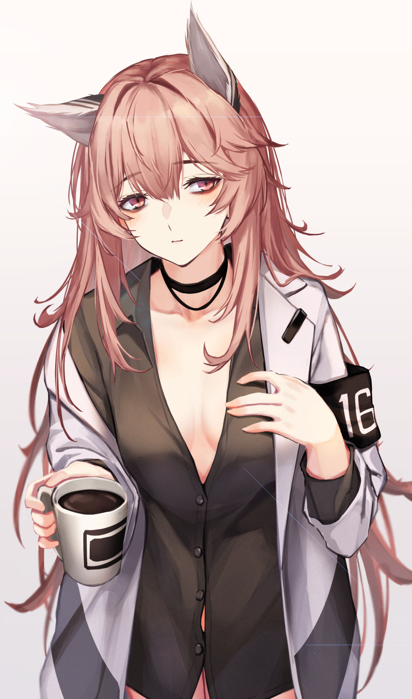 3_small_spiders absurdres animal_ears bags_under_eyes black_choker black_shirt blush breasts choker closed_mouth coffee_mug collarbone commentary cup female girls'_frontline girls'_frontline_neural_cloud hand_on_own_chest highres holding holding_cup lips long_hair long_sleeves looking_at_viewer medium_breasts mug open_clothes open_robe persica_(girls'_frontline) pink_hair red_eyes robe shirt solo standing upper_body white_background white_robe