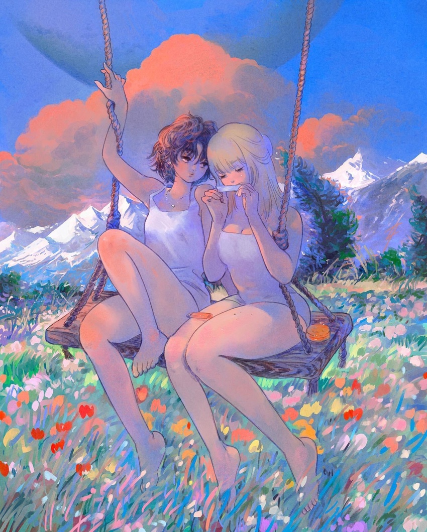 2girls arm_up bare_legs barefoot black_hair blonde_hair blunt_bangs closed_eyes cloud cloudy_sky commentary dress evening field flower flower_field highres jewelry knee_up little_thunder long_hair looking_at_another looking_to_the_side mountain mountainous_horizon multiple_girls necklace original outdoors parted_bangs scenery short_dress short_hair sitting sky sunset swing swinging symbol-only_commentary tank_top tree wavy_hair