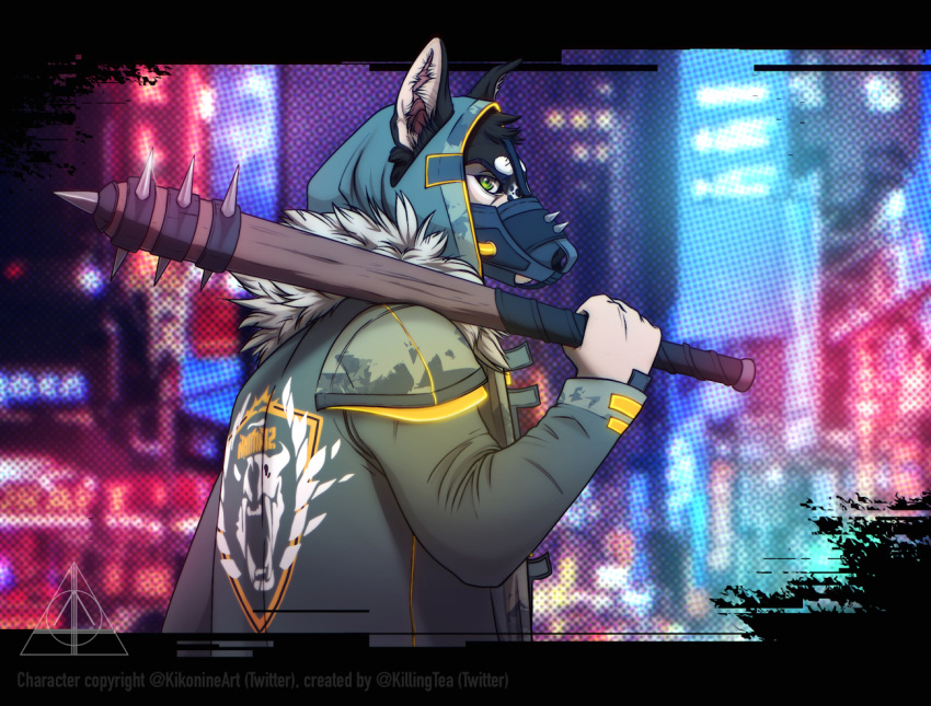 abstract_background alternative_fashion anthro bat_(object) canid canine canis city clothed clothing cyberpunk cyberpunk_2077 digital_media_(artwork) domestic_dog dystopia fur gang gangster headgear kiko_(kikonine) kikonine killingtea looking_at_viewer male mammal mask outside punk simple_background solo streetwear stylized_background techwear topwear weapon