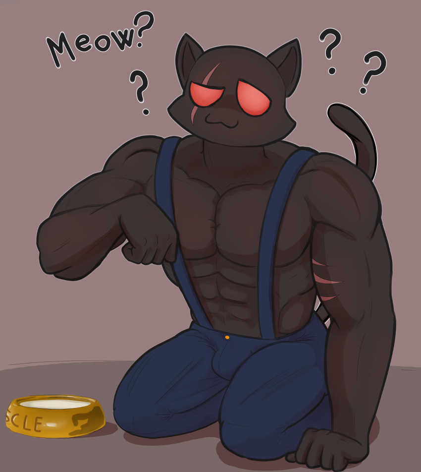 abs absurd_res anthro biped brown_body bulge confusion crawling epic_games fortnite hi_res kneeling looking_at_viewer male meowscles meowscles_(shadow) milk muscular muscular_male on_ground red_eyes scar solo spakka5