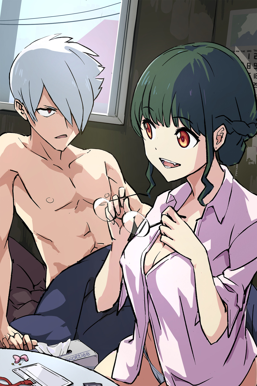 1boy :d absurdres anosillus_ii anti_(ssss.gridman) arm_support braid breasts cleavage collared_shirt commentary_request day dress_shirt female glasses green_hair grey_hair gridman_universe hair_over_one_eye highres holding holding_removed_eyewear indoors loup md5_mismatch medium_breasts oerba_yun_fang panties pink_shirt red_eyes shirt smile source_mismatch ssss.dynazenon topless_male underwear unworn_eyewear white_panties window