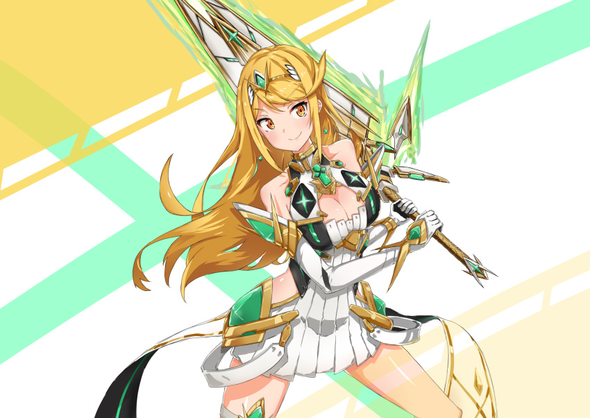 aegis_sword_(xenoblade) aotsuba bare_shoulders blonde_hair breasts chest_jewel cleavage cowboy_shot dress earrings female gem gloves highres holding holding_sword holding_weapon jewelry long_hair medium_breasts mythra_(xenoblade) short_dress smile solo swept_bangs sword thigh_strap tiara two-handed two-handed_sword very_long_hair weapon white_dress white_gloves xenoblade_chronicles_(series) xenoblade_chronicles_2 yellow_eyes