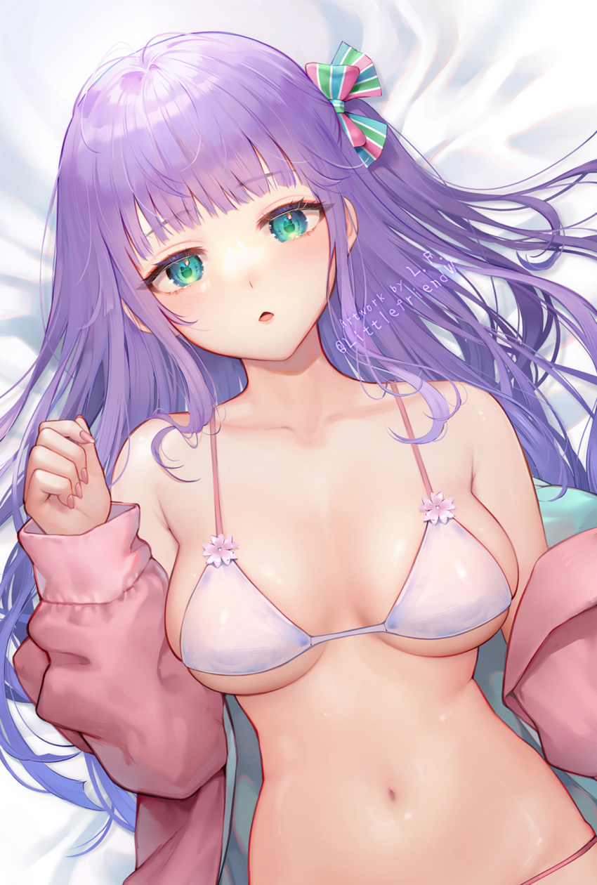 aqua_eyes bare_shoulders bed_sheet bikini bow breasts collarbone dika female hairbow hand_up highres indie_virtual_youtuber jacket large_breasts lf_(paro) long_hair long_sleeves looking_at_viewer navel off_shoulder one_side_up open_clothes open_jacket open_mouth pink_jacket purple_hair skindentation solo stomach string_bikini swimsuit virtual_youtuber white_bikini