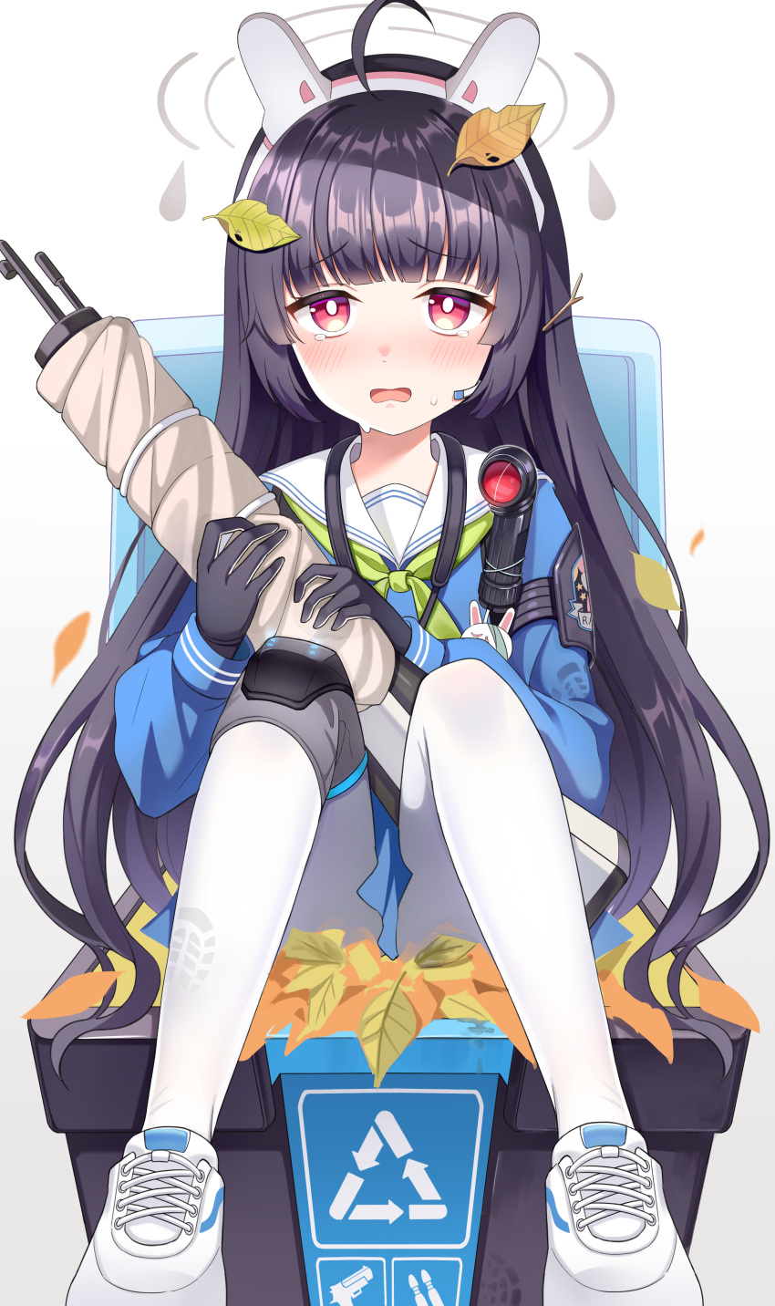 absurdres ahoge animal_ears arrow_(symbol) black_gloves black_hair blue_archive blue_serafuku blue_shirt blunt_bangs blush bolt_action bright_pupils fake_animal_ears female full_body gloves green_neckerchief gun halo hari83421 highres holding knee_pads leaf leaf_on_head long_hair long_sleeves looking_at_viewer miyu_(blue_archive) mosin-nagant neckerchief open_mouth pantyhose rabbit_ears recycle_bin recycling_symbol red_eyes rifle sailor_collar school_uniform serafuku shirt shoe_print shoes single_knee_pad sitting sneakers solo sweat sweatdrop tearing_up trash_can twig weapon white_background white_footwear white_pantyhose white_pupils white_sailor_collar