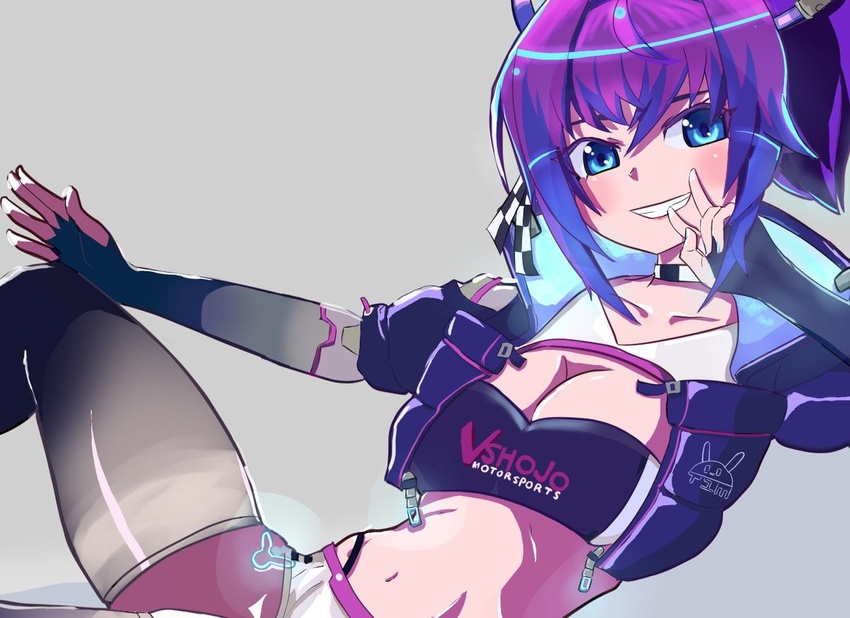 black_gloves black_panties black_tube_top blue_eyes blue_hair breasts cleavage cropped_jacket elbow_gloves female fingerless_gloves gloves hiyanashi jacket long_hair medium_breasts melody_(projektmelody) melody_(projektmelody)_(race_queen) multicolored_hair navel panties panty_straps ponytail purple_hair purple_thighhighs race_queen short_shorts shorts solo strapless streaked_hair thighhighs tube_top underwear virtual_youtuber vshojo white_jacket white_shorts