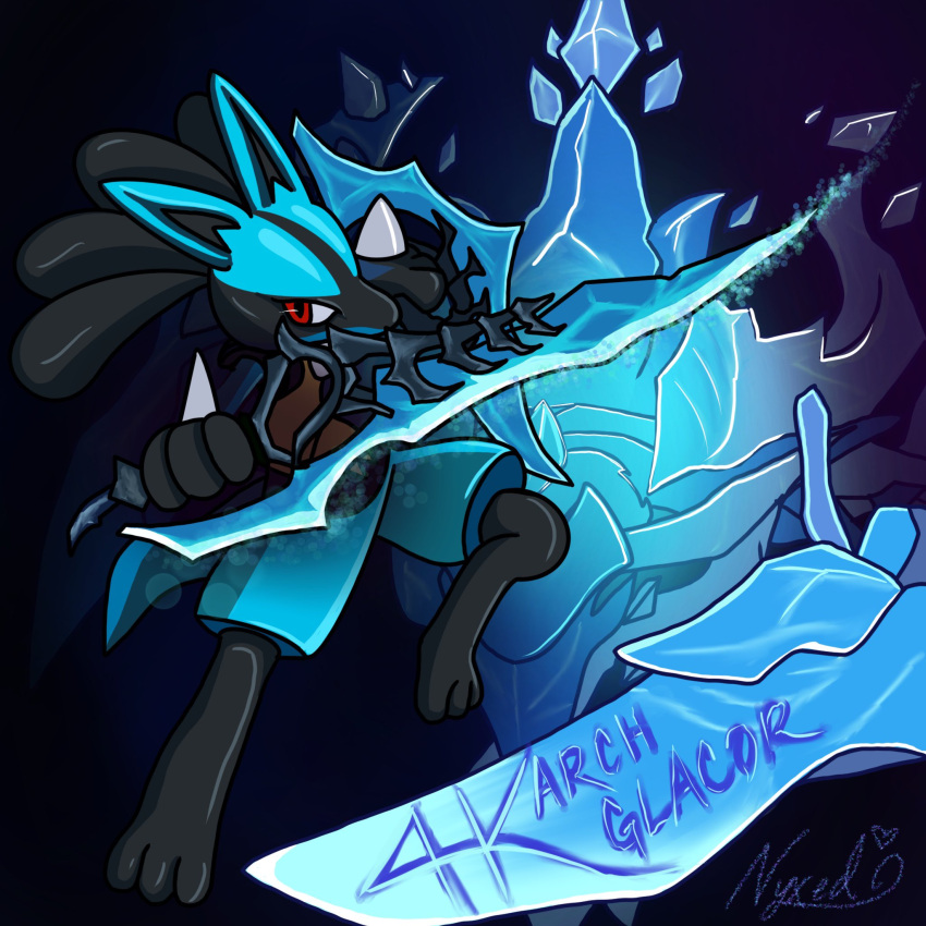 1:1 ambiguous_gender anthro arch_glacor blue_body blue_fur canid canine digital_media_(artwork) duo elemental_creature english_text fur generation_4_pokemon glacor hi_res holding_object ice ice_sword looking_at_viewer lucario mammal melee_weapon nintendo nyxed pokemon pokemon_(species) runescape signature simple_background sword text weapon