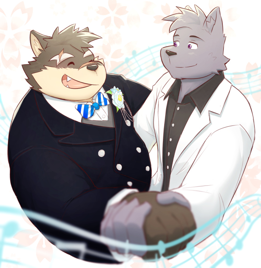 anthro bow_tie canid canine canis clothing dancing domestic_dog duo freakinglargeoof hand_holding hi_res lifewonders male male/male mammal moritaka_(tas) necktie romantic romantic_couple scar slow_dance smile suit tokyo_afterschool_summoners