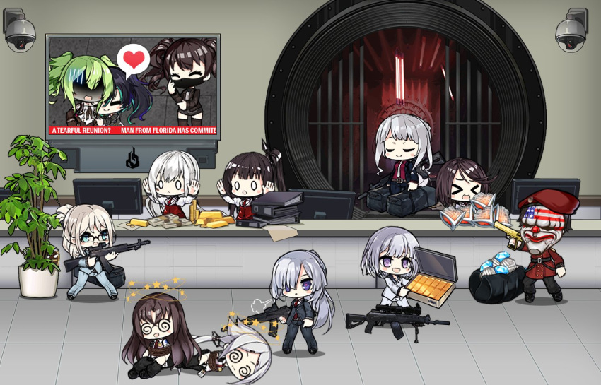 >_< 1boy 6+girls @_@ ak-12 ak-12_(girls'_frontline) ak-12_(lucia)_(girls'_frontline) ak-15 ak-15_(erwin)_(girls'_frontline) ak-15_(girls'_frontline) alternate_costume alternate_hairstyle an-94 an-94_(antje)_(girls'_frontline) an-94_(girls'_frontline) architect_(girls'_frontline) arms_up assault_rifle bag bank_vault banknote beret binder bipod black_hair blue_eyes bound briefcase camera chibi closed_eyes clown_mask coin commander_(girls'_frontline) commentary core_(girls'_frontline) covered_mouth crossover currency_strap dallas_(payday) desert_eagle diamond_(gemstone) dizzy drum_magazine duffel_bag english_commentary english_text executioner_(girls'_frontline) formal gager_(girls'_frontline) gem girls'_frontline glasses gold_bar green_hair grey_hair griffin_&_kryuger_military_uniform gun handgun hat heart hostage hug hunter_(girls'_frontline) intruder_(girls'_frontline) kalashnikov_rifle korean_commentary light_machine_gun long_hair m950a_(girls'_frontline) magazine_(weapon) mask military military_uniform money monitor multicolored_hair multiple_girls necktie o_o official_alternate_costume one_side_up open_mouth payday_(series) plant purple_eyes red_headwear rifle robbery rope rpk-16 rpk-16_(girls'_frontline) rpk-16_(renate)_(girls'_frontline) saf_(girls'_frontline) sangvis_ferri saru_(style) scarecrow_(girls'_frontline) shaded_face short_hair sidelocks smile spoken_heart streaked_hair suit suitcase television the_mad_mimic thighhighs tied_up_(nonsexual) token_(girls'_frontline) true_core_mask_(girls'_frontline) twintails uniform weapon white_hair