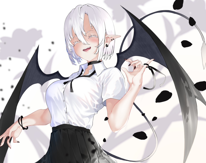 absurdres black_nails black_ribbon black_skirt black_wings blush bracelet breasts choker closed_eyes demon_girl demon_tail demon_wings ear_piercing female finger_ribbon highres jewelry kesuno large_breasts open_mouth original petals piercing pink_eyes pointy_ears ribbon shirt skirt smile solo tail white_hair white_shirt wings