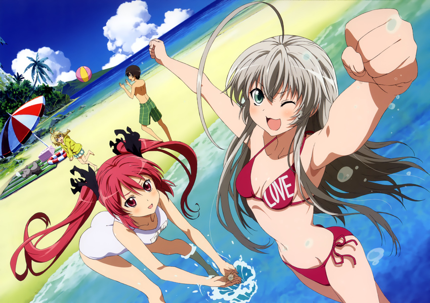 2boys 2girls ;3 age_difference ahoge antenna_hair armpits arms_up ass back ball barefoot beach beach_mat beach_umbrella beachball bent_over bikini black_eyes black_hair black_ribbon blonde_hair blue_eyes blush braid breasts cleavage clenched_hand closed_eyes closed_mouth clothes_writing cloud collarbone cooler cthugha_(nyaruko-san) cupping_hands day dutch_angle english_text floating_hair foreshortening from_above green_eyes grey_hair groin hair_between_eyes hair_ribbon haiyore!_nyaruko-san halterneck hands_up happy hastur_(nyaruko-san) highres hood hood_down hooded_jacket horizon huge_ahoge jacket leg_up legs_apart lifebuoy light_smile long_hair long_sleeves looking_at_viewer looking_back looking_up lying male_swimwear monster multiple_boys multiple_girls name_tag narrow_waist navel nose_bubble nyarlathotep_(nyaruko-san) ocean official_art on_stomach one-piece_swimsuit one_eye_closed ono_kazumi open_mouth outdoors own_hands_together palm_tree plaid polka_dot profile red_eyes red_hair ribbon rock running school_swimsuit shantak_(nyaruko-san) short_hair side-tie_bikini_bottom sidelocks single_braid sky sleeping small_breasts smile string_bikini striped swim_ring swim_trunks swimsuit throwing torn_ribbon tree twintails umbrella v-shaped_eyebrows v_arms very_long_hair wading water water_drop white_one-piece_swimsuit yasaka_mahiro yellow_jacket zipper