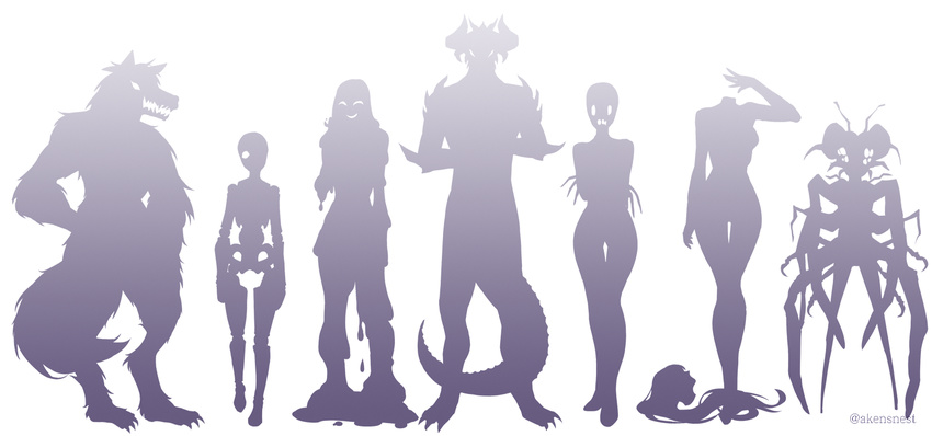 1boy 6+girls aken animal_ears antennae arthropod_girl arthropod_limbs automaton_(object) claws commentary_request cz2128_delta disembodied_head doppelganger dragon dragon_horns dragon_tail dullahan entoma_vasilissa_zeta full_body furry furry_male ghost_in_the_shell horns looking_at_viewer lupusregina_beta monochrome monster monster_girl multiple_girls narberal_gamma overlord_(maruyama) purple_theme sebas_tian silhouette slime_girl smile solution_epsilon spoilers tail werewolf wolf_boy wolf_ears wolf_tail yuri_alpha