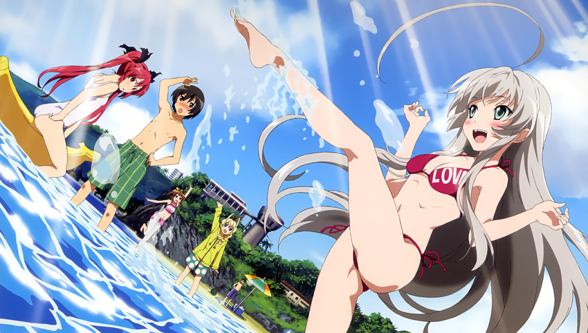 3boys 3girls :d ahoge androgynous arm_up artist_request bare_shoulders barefoot beach_umbrella bikini blonde_hair blush brown_hair collarbone cthugha_(nyaruko-san) day dutch_angle food fruit grey_hair haiyore!_nyaruko-san hastur_(nyaruko-san) highres kurei_tamao leg_lift leg_up light_rays long_hair multiple_boys multiple_girls nyarlathotep_(nyaruko-san) official_art on_banana open_mouth outdoors red_bikini red_hair side-tie_bikini_bottom smile splashing standing standing_on_one_leg sunlight swimsuit toes twintails umbrella wading water watermelon yasaka_mahiro yoichi_takehiko