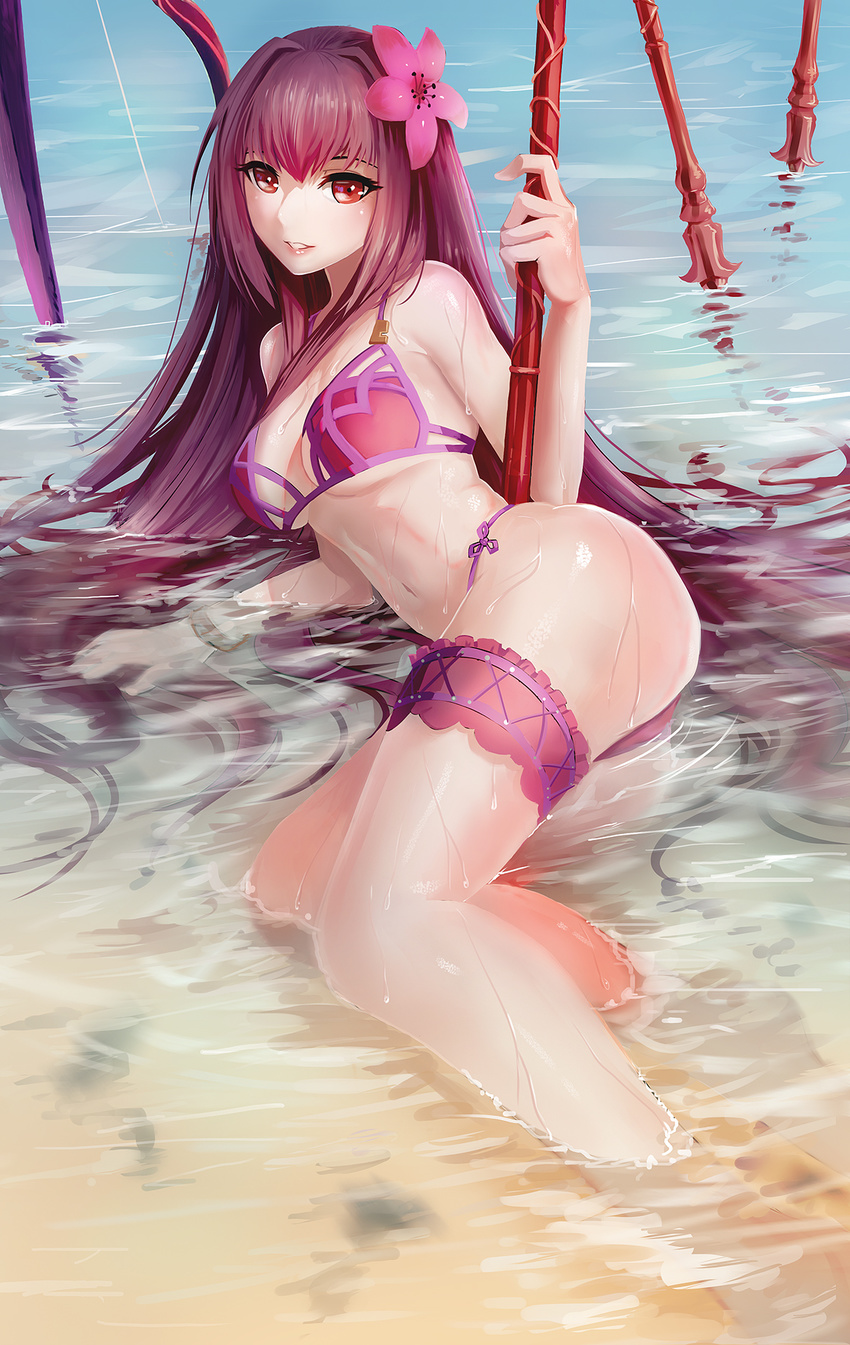 bikini brown_hair commentary_request derivative_work fate/grand_order fate_(series) female flower hair_flower hair_ornament haohe_buguo hibiscus highres long_hair looking_at_viewer parted_lips partially_submerged photoshop_(medium) pink_bikini red_eyes scathach_(fate) scathach_(swimsuit_assassin)_(fate) smile solo swimsuit sword water weapon