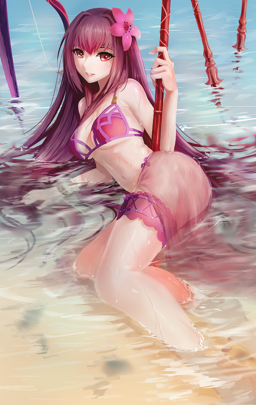 ass bikini breasts brown_hair commentary_request derivative_work fate/grand_order fate_(series) female flower hair_flower hair_ornament haohe_buguo hibiscus highres large_breasts long_hair looking_at_viewer parted_lips partially_submerged photoshop_(medium) pink_bikini red_eyes sarong scathach_(fate) scathach_(swimsuit_assassin)_(fate) see-through smile solo swimsuit sword thighs water weapon