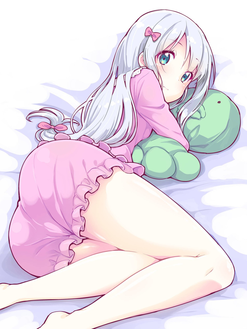 ass bed bloomers blouse blue_eyes blue_hair blush closed_mouth commentary_request eromanga_sensei female frills grey_hair hair_ribbon highres hugging_object izumi_sagiri legs legs_folded legs_together long_hair looking_at_viewer lying on_side pajamas pillow pillow_hug pink_pajamas pink_shirt ribbon shirt solo stuffed_animal stuffed_octopus stuffed_toy thighs underwear yamabuki_zarame