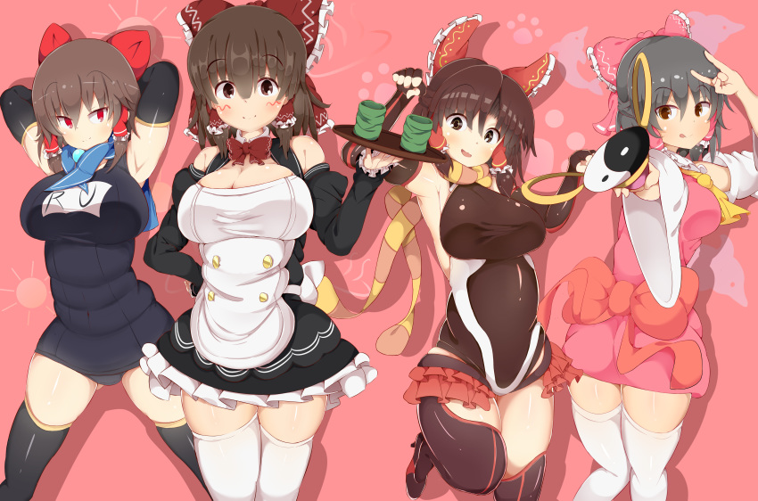 4girls absurdres akabeco benikurage_(cookie) black_hair black_thighhighs blush bow breasts brown_eyes brown_hair cleavage closed_mouth commentary_request cookie_(touhou) cosplay cup hair_tubes hairbow hakurei_reimu highres kanna_(cookie) large_breasts looking_at_viewer mizuki_yukikaze mizuki_yukikaze_(cosplay) multiple_girls one-piece_swimsuit open_mouth pink_bow plump red_bow red_eyes reu_(cookie) sananana_(cookie) school_swimsuit short_hair smile swimsuit taimanin_(series) taimanin_yukikaze thighhighs touhou waitress white_legwear yunomi