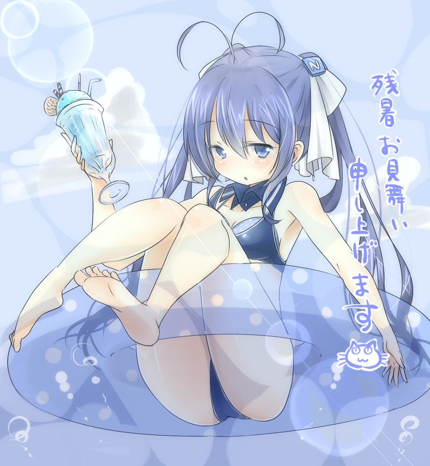 :3 ahoge bare_legs bare_shoulders barefoot bikini blue_bikini blue_eyes blue_hair blush collarbone commentary_request drinking_straw eyebrows female food full_body hair_between_eyes hair_ornament highres holding ice_cream imaichi_moenai_ko kobe_shinbun lifebuoy long_hair looking_at_viewer nobinonki soles solo swim_ring swimsuit translation_request twintails