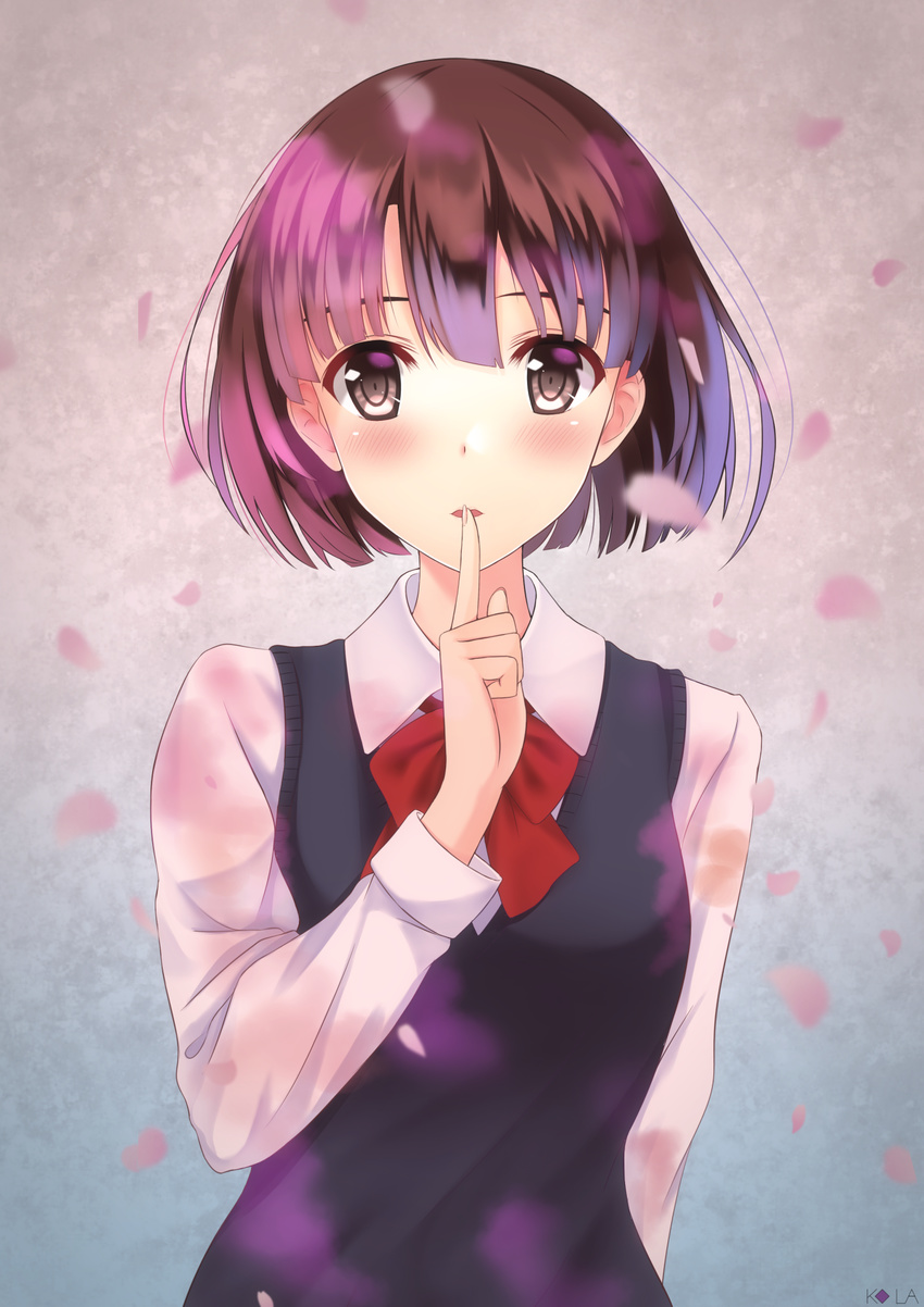 bad_id bad_pixiv_id blush bob_cut bow bowtie broadcaster_connection brown_eyes brown_hair cherry_blossoms cosplay female finger_to_mouth gradient_background highres katou_megumi kuzu_no_honkai misaki_kurehito_(style) noitamina official_style parody rko_(a470350510) saenai_heroine_no_sodatekata school_uniform short_hair solo style_parody yasuraoka_hanabi yasuraoka_hanabi_(cosplay)