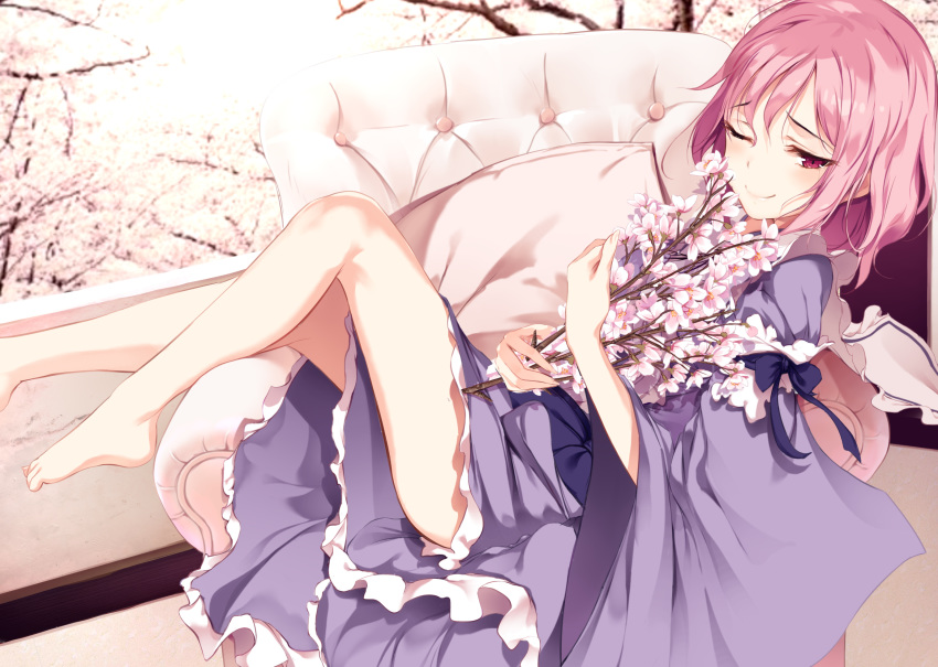 bare_legs barefoot blue_dress blue_kimono blue_ribbon blush branch cherry_blossoms couch cushion dress eien_no_juu_nana-sai eyes_visible_through_hair female flower frills highres holding holding_flower hugging_object japanese_clothes ke-ta_(style) kimono lips long_sleeves looking_at_viewer lying no_headwear obi on_back on_couch one_eye_closed photoshop_(medium) pink_hair pink_theme red_eyes ribbon saigyouji_yuyuko sash short_hair sleeve_garter smile solo tears touhou wide_sleeves