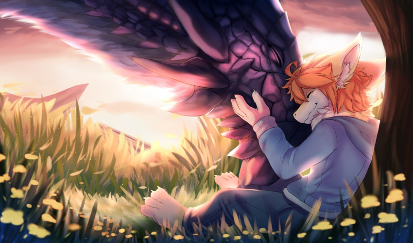 anthro closed_eyes clothed clothing dragon feral flower fur furred_dragon grass hair hug invalid_color kinniro kutto male orange_hair plant sunset warm yellow_fur