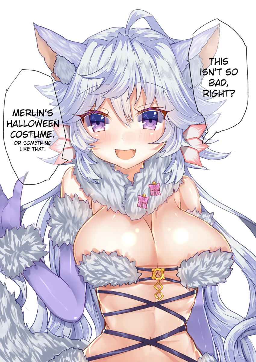 absurdres ahoge animal_ears blush breasts cleavage cosplay dangerous_beast dangerous_beast_(cosplay) elbow_gloves fate/grand_order fate/stay_night fate_(series) female fur_trim genderswap_(mtf) gloves halloween halloween_costume hard_translated highres large_breasts long_hair looking_at_viewer merlin_(fate/stay_night) miu_snpi navel oerba_yun_fang open_mouth purple_eyes rule_63 simple_background smile solo speech_bubble translated white_background white_hair wolf_ears