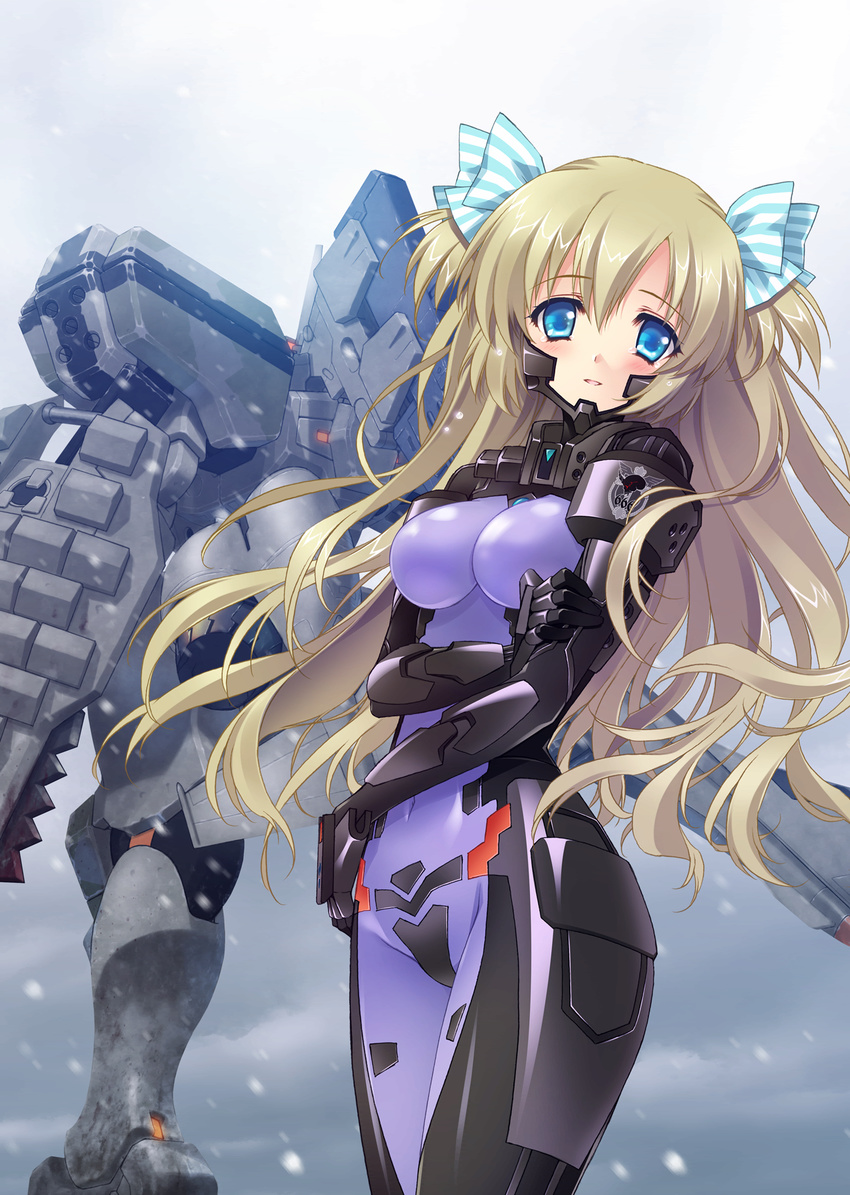 blonde_hair blue_eyes blush bodysuit bow breasts carnelian covered_navel emblem female fortified_suit glowing hairbow highres holding_own_arm imageboard_desourced liz_hohenstein long_hair looking_at_viewer mecha medium_breasts mig-21_balalaika_(muv-luv) muv-luv muv-luv_alternative non-web_source official_art open_mouth outdoors pilot_suit ribbon robot schwarzesmarken skin_tight snow standing tactical_surface_fighter tears two_side_up