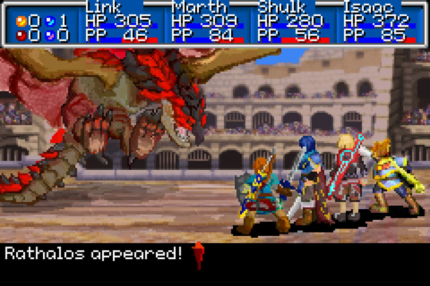 4boys action blonde_hair blue_eyes blue_hair cape champion's_tunic_(zelda) colosseum commentary crossover dialogue_box dragon english_commentary english_text fake_screenshot falchion_(fire_emblem) fantasy fire_emblem fire_emblem:_mystery_of_the_emblem flying gameplay_mechanics gloves golden_sun health_bar highres holding holding_shield holding_sword holding_weapon horns isaac_(golden_sun) kieran_(smashdata) link long_hair male_focus marth_(fire_emblem) master_sword monado monster_hunter_(series) multiple_boys multiple_crossover opposing_sides pixel_art rathalos scarf shield shulk_(xenoblade) spread_wings super_smash_bros. sword the_legend_of_zelda the_legend_of_zelda:_breath_of_the_wild weapon wings wyvern xenoblade_chronicles_(series) xenoblade_chronicles_1