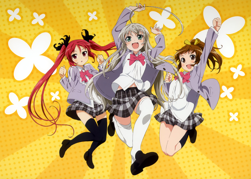 3girls :d ahoge arm_up arms_up artist_request black_thighhighs brown_eyes brown_hair cthugha_(nyaruko-san) full_body green_eyes haiyore!_nyaruko-san highres jumping kurei_tamao long_sleeves mole multiple_girls nyarlathotep_(nyaruko-san) official_art open_mouth red_eyes red_hair simple_background smile thighhighs two-tone_background white_hair white_legwear zettai_ryouiki