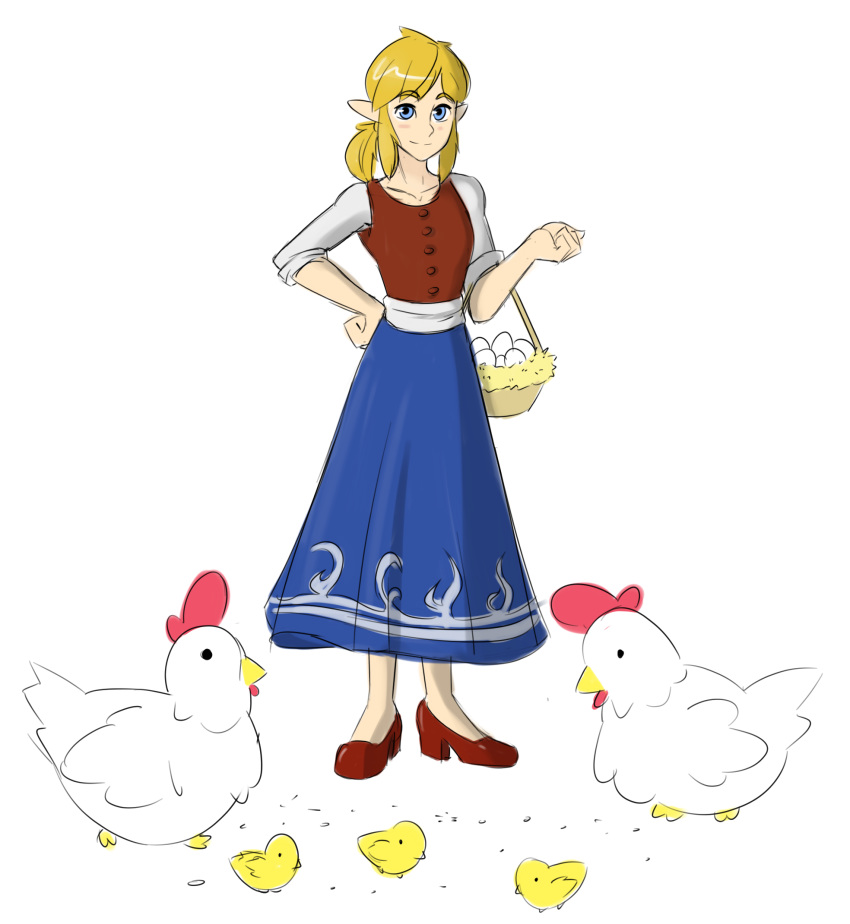 2018 avian bangs bird blonde_hair blue_eyes chicken clothed clothing crossdressing digital_media_(artwork) dress egg femboy feral footwear galliform gallus_(genus) group hair hi_res high_heels humanoid hylian link looking_at_viewer male nintendo phasianid pumps red_clothing red_footwear red_high_heels sealguy shoes simple_background smile solo_focus the_legend_of_zelda white_background