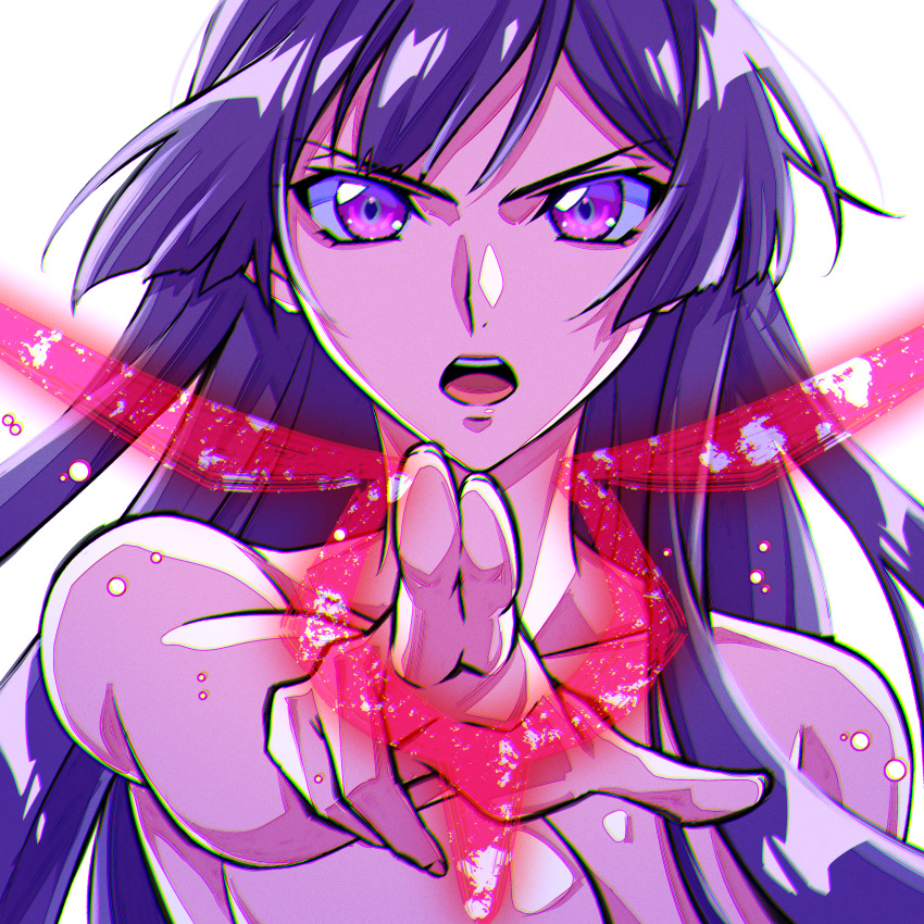 absurdres breasts chromatic_aberration cleavage code_geass code_geass:_dakkan_no_roze commentary_request female geass highres hime_cut looking_at_viewer nr.zehn nude open_mouth pointing pointing_at_viewer purple_eyes purple_hair simple_background solo straight-on sumeragi_sakuya teeth upper_teeth_only white_background