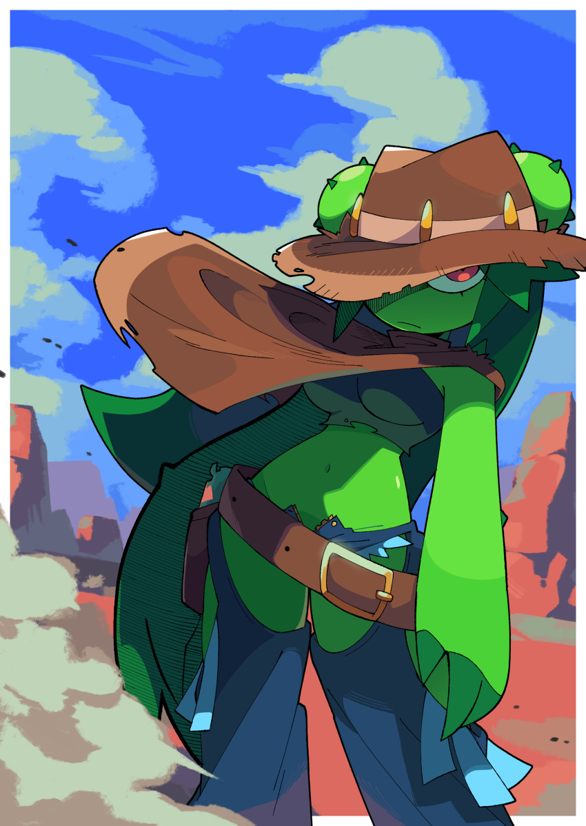 absurdres bacun belt blue_sky breasts cactus_girl chaps claws cloud colored_skin commentary cowboy_hat crop_top dust english_commentary green_hair green_skin gun handgun hat hat_over_one_eye highres holster looking_at_viewer monster_girl navel original outdoors partially_unzipped plant_girl poncho rebutia_(bacun) red_eyes rock short_shorts shorts sky thorns weapon wind