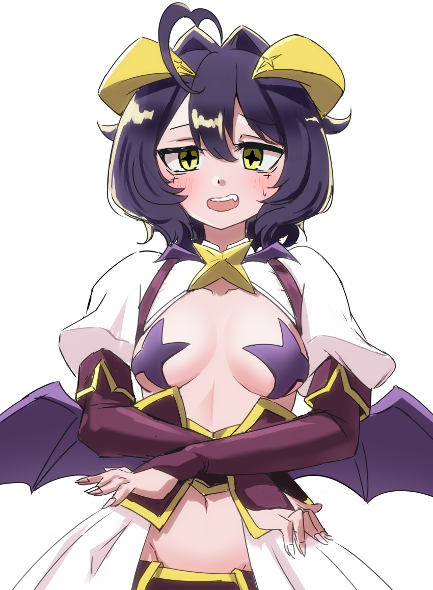 :d absurdres ahoge bat_wings black_gloves black_sleeves blush breasts bridal_gauntlets commentary_request cross-shaped_pupils demon_girl elbow_gloves ereka female gloves groin hair_flaps hair_intakes heart heart_ahoge highres hiiragi_utena horns looking_at_viewer magia_baiser magical_girl mahou_shoujo_ni_akogarete medium_breasts medium_hair navel oerba_yun_fang open_mouth pasties purple_hair raised_eyebrow short_sleeves simple_background smile solo star_pasties sweatdrop symbol-shaped_pupils teeth upper_body upper_teeth_only white_background white_shrug wings yellow_eyes