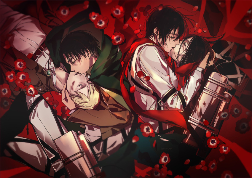 3boys black_hair blonde_hair bolo_tie boots breasts brown_jacket cloak closed_eyes collared_shirt couple cropped_jacket eren_yeager erwin_smith facial_mark falling_flower falling_petals female flower green_cloak hair_between_eyes hand_in_another's_hair harness highres holding_another's_head jacket kissing levi_(shingeki_no_kyojin) medium_breasts mikasa_ackerman multiple_boys neri_aot pants parted_bangs petals poppy_(flower) red_background red_flower red_petals red_scarf scar scar_on_cheek scar_on_face scarf shingeki_no_kyojin shirt short_hair straight three-dimensional_maneuver_gear upper_body white_pants white_shirt yaoi