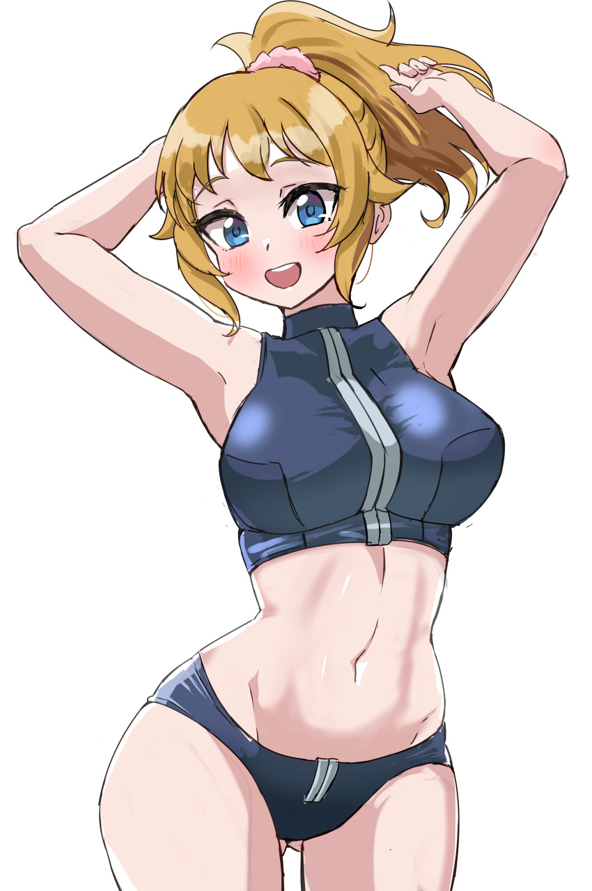 :d absurdres armpits arms_up ass_visible_through_thighs black_panties black_shirt blonde_hair blue_eyes blush breasts commentary_request contrapposto cowboy_shot cropped_shirt ereka female gundam gundam_build_fighters hair_ornament hair_scrunchie high_ponytail highres hoshino_fumina large_breasts looking_at_viewer medium_hair midriff navel open_mouth panties pink_scrunchie scrunchie shirt sidelocks simple_background sleeveless sleeveless_shirt smile solo teeth underwear upper_teeth_only white_background