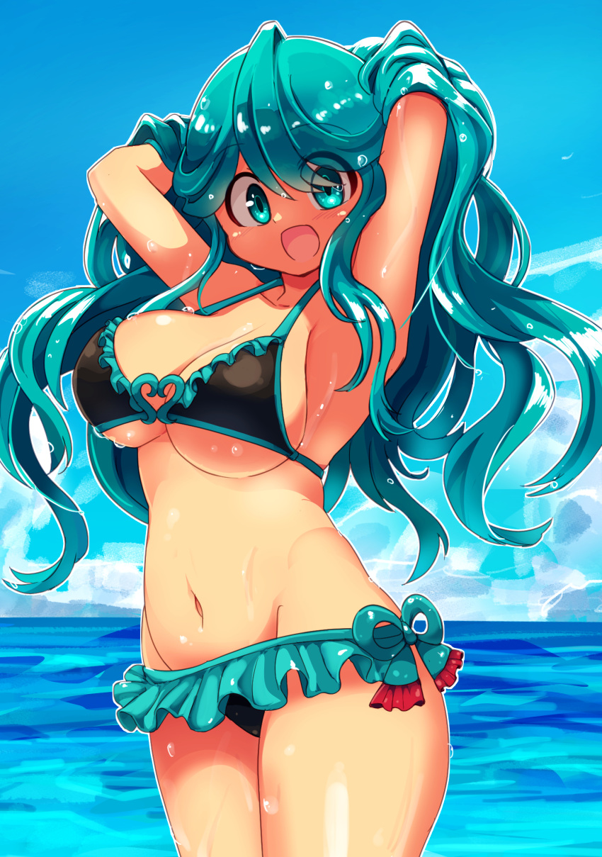 arms_behind_head beach bikini blue_eyes blue_hair borokuro breasts day female frilled_bikini frills groin halterneck hands_in_hair highres large_breasts long_hair looking_at_viewer navel ocean open_mouth personification pokemon sky smile solo swimsuit tangrowth very_long_hair water_drop wet