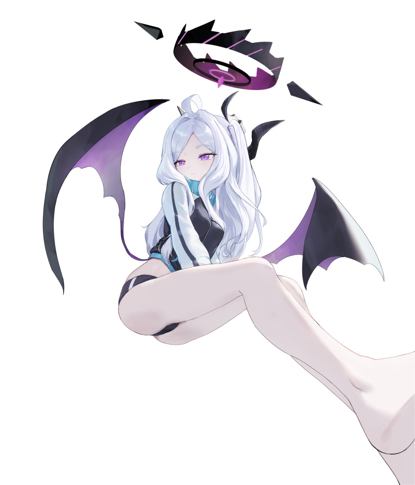 absurdres bare_legs barefoot blue_archive buruma demon_girl demon_horns demon_wings feet_out_of_frame female foreshortening gym_uniform halo highres hina_(blue_archive) horns jacket legs long_hair purple_eyes rui_rubellent simple_background solo track_jacket white_background white_hair wings