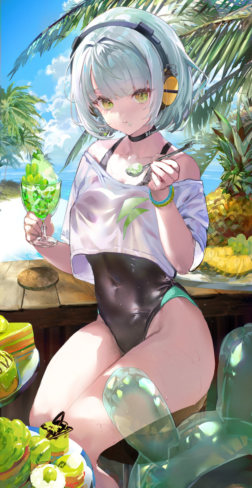 absurdres alternate_costume anby_demara bare_shoulders beach black_one-piece_swimsuit blue_sky breasts cake choker covered_navel cup female food fruit grey_hair headphones highres hitaki_yuu looking_at_viewer medium_breasts off_shoulder one-piece_swimsuit palm_tree pineapple revision shirt short_hair short_sleeves sitting sky solo spoon swimsuit thighs tree white_shirt yellow_eyes zenless_zone_zero