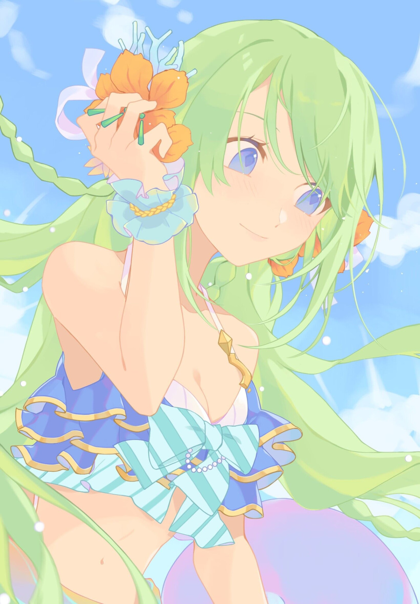 bikini blue_bikini blue_eyes blue_sky breasts chika_(princess_connect!) female flower green_hair hair_flower hair_ornament highres low_twintails orange_flower princess_connect! scrunchie sidelocks sky solo swimsuit twintails virno wrist_scrunchie