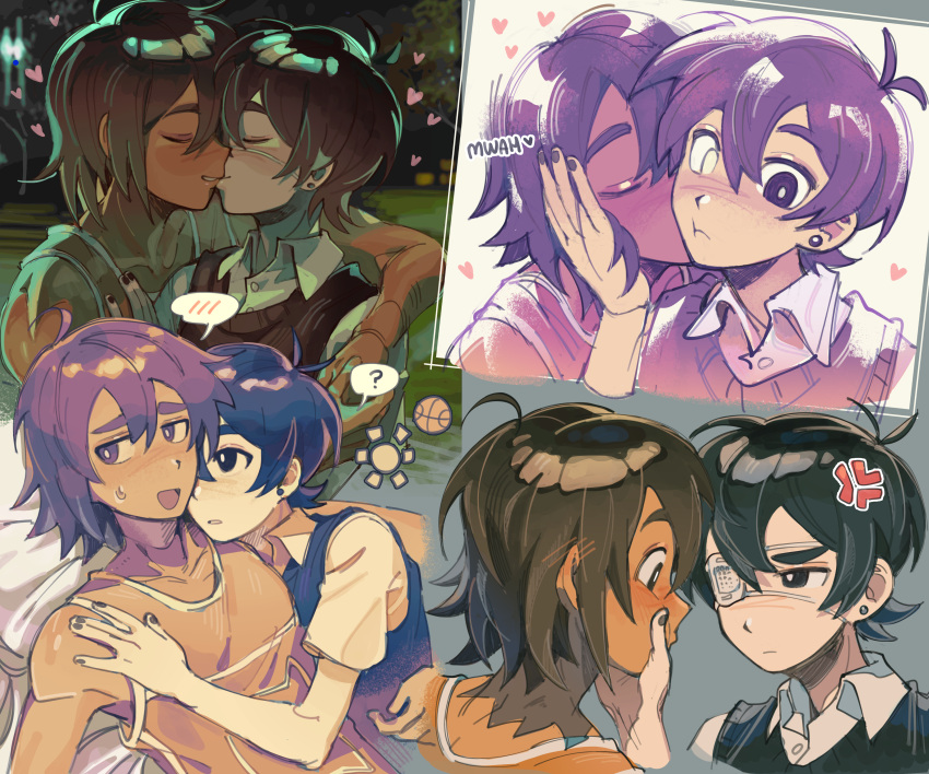 2boys ? absurdres anger_vein antenna_hair black_nails black_sweater_vest bright_pupils brown_eyes brown_hair closed_eyes closed_mouth collarbone collared_shirt dark-skinned_male dark_skin ear_piercing eyepatch heterochromia highres kel_(faraway)_(omori) kel_(omori) kissing looking_at_another male_focus multiple_boys official_alternate_eye_color omori open_mouth piercing profile remi_(mozzaremi) shirt short_hair short_sleeves spoilers spoken_blush spoken_question_mark sunny_(omori) sweatdrop sweater_vest white_eyes white_pupils white_shirt yaoi