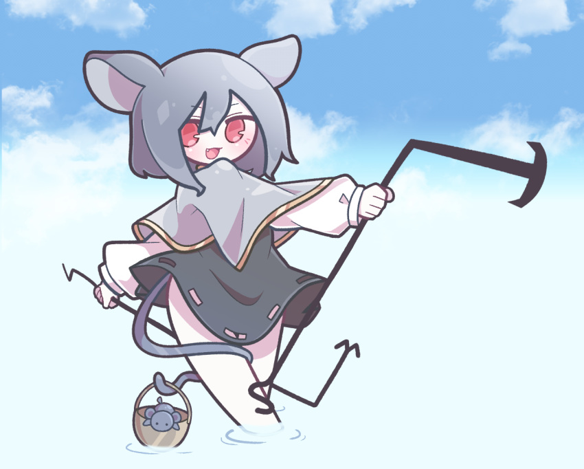 animal_ears baek_ban black_dress blue_sky capelet commentary dowsing_rod dress female gold_trim grey_capelet grey_hair hair_between_eyes holding holding_with_tail long_sleeves medium_hair mouse_(animal) mouse_ears mouse_girl mouse_tail nazrin oerba_yun_fang open_mouth prehensile_tail shirt sky smile solo tail tail_around_own_leg thighs touhou wading white_shirt