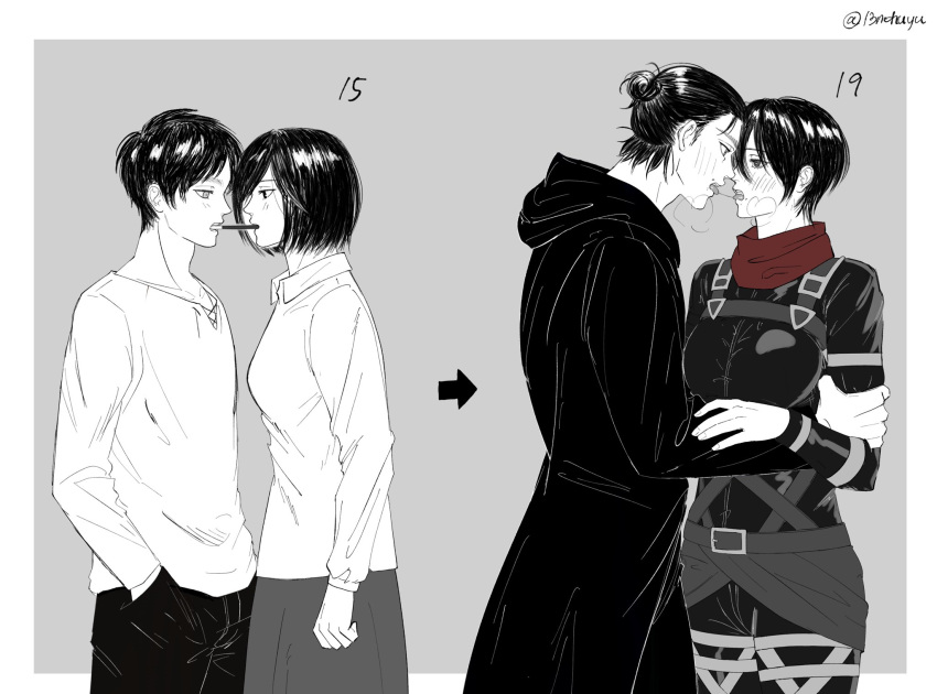 13nohuyu 1boy age_progression black_coat black_hair black_shirt blush border breasts coat collared_shirt couple eren_yeager female food grey_background grey_skirt hair_between_eyes hair_bun hand_on_another's_arm harness heavy_breathing highres hood hood_down hooded_coat large_breasts long_sleeves mikasa_ackerman monochrome parted_bangs pocky pocky_kiss red_scarf scarf shingeki_no_kyojin shirt short_hair skirt spot_color straight three-dimensional_maneuver_gear twitter_username white_border white_shirt