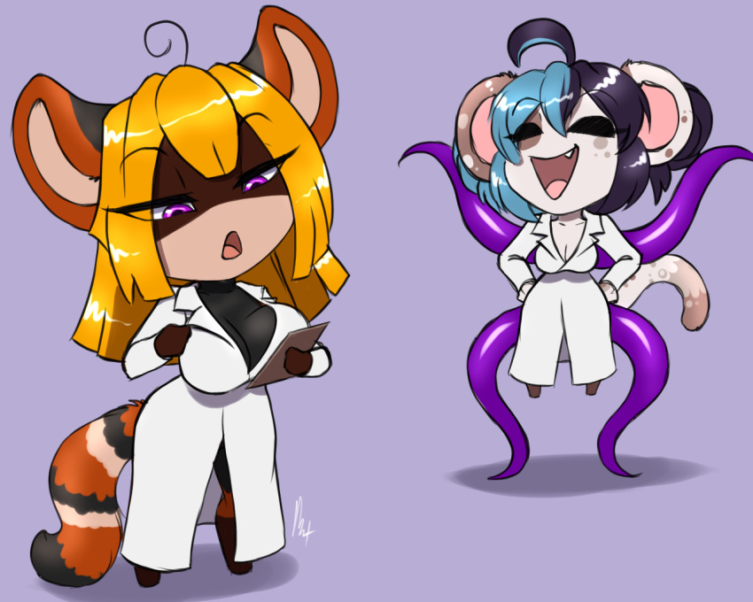 ailurid big_breasts breasts celest chibi cleavage clipboard clothed clothing coat domestic_cat felid feline felis female furball huge_breasts lab_coat mammal raina red_panda tentacle topwear