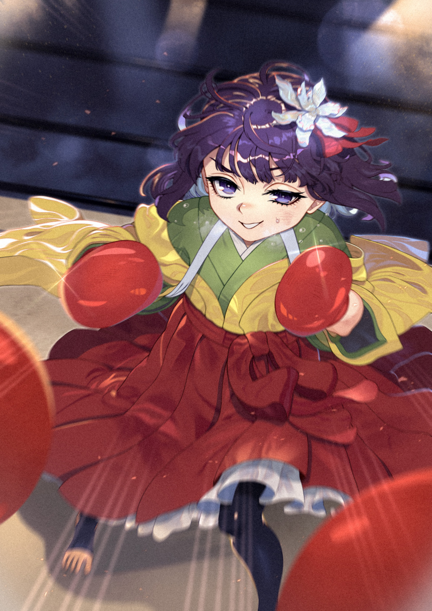 absurdres black_thighhighs boxing_gloves boxing_ring commentary_request creeper_(gametime) female flower frilled_skirt frills green_kimono grin hair_flower hair_ornament hieda_no_akyuu highres japanese_clothes kimono long_sleeves looking_at_viewer pov purple_eyes purple_hair red_sash red_skirt sash skirt smile solo standing stirrup_legwear thighhighs toeless_legwear toes touhou v-shaped_eyebrows wide_sleeves yellow_kimono