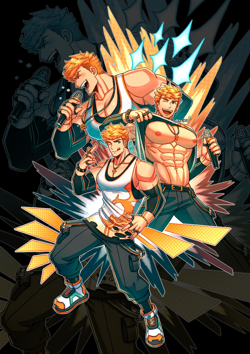 1boy abs absurdres bara bare_pectorals black_pants blonde_hair closed_eyes clothes_lift granblue_fantasy highres holding holding_microphone jewelry large_pectorals male_focus microphone multiple_rings muscular muscular_male music navel nipples one_eye_closed oneirio open_mouth pants pectorals ring shoes short_hair singing sleeveless smile sneakers tank_top vane_(granblue_fantasy) white_tank_top