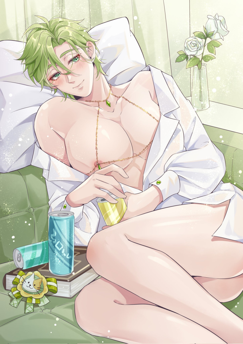 1boy blush body_jewelry book buttoned_cuffs buttons can closed_mouth collared_shirt commentary couch curtains dress_shirt drink_can feet_out_of_frame flower green_eyes green_hair hair_between_eyes hand_up highres holding holding_can knees_up large_pectorals long_sleeves looking_to_the_side lying male_focus manboobs nipple_chain nipple_jewelry nipples nu_carnival olivine_(nu_carnival) open_clothes open_shirt pectorals pillow ribbon rose shirt sideways_glance single_bare_shoulder smile soda soda_can solo symbol-only_commentary thighs vase white_flower white_rose white_shirt wrist_cuffs xun1948637